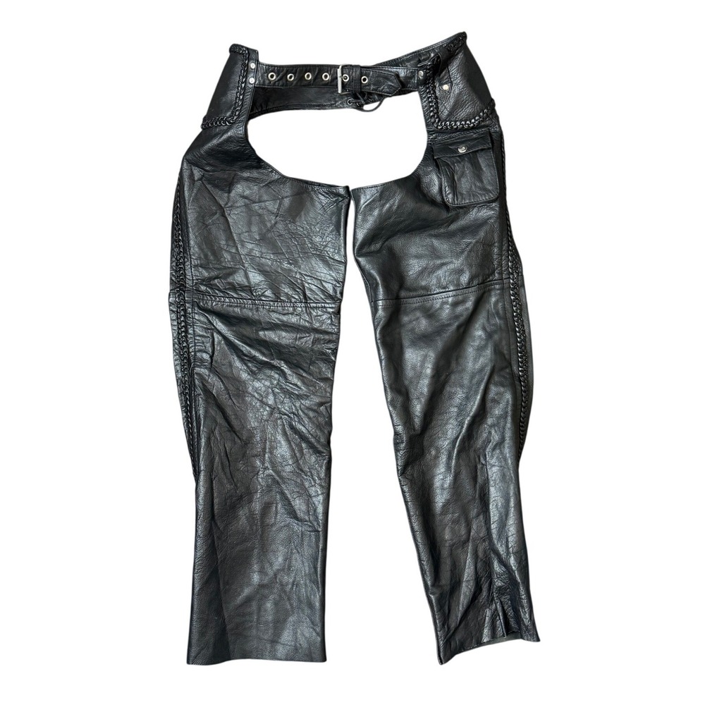 Leather Club Genuine Leather Braided Trim Motorcycle Chaps‎ Black Men L Buckle